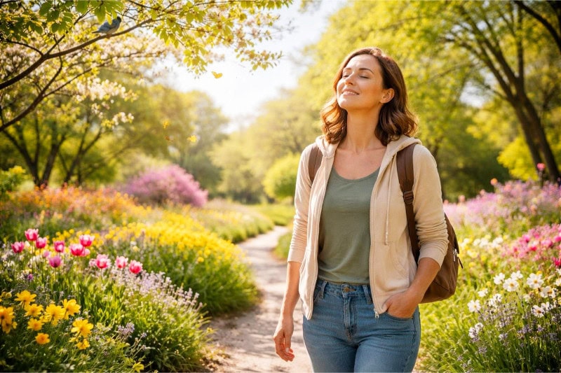 A person enjoying a peaceful walk in a colorful blooming park surrounded by flowers and trees on a sunny spring day.