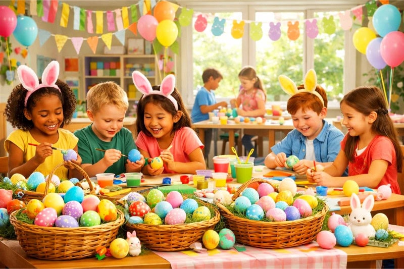 Easter Party Ideas for School That Your Students Will Absolutely Love 18 Children painting Easter eggs and enjoying crafts in a decorated classroom with colorful balloons and streamers.