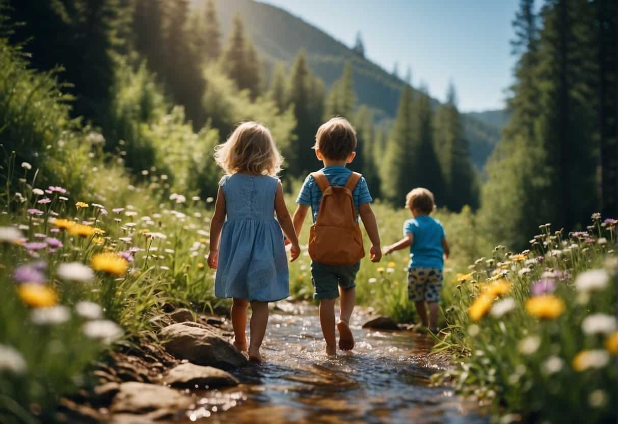 Children explore a lush forest, crossing a babbling brook and spotting colorful wildflowers.