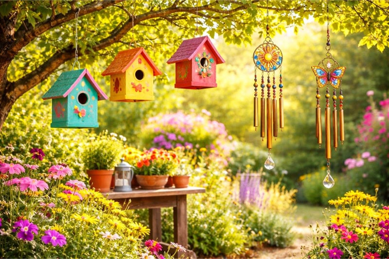 A bright garden with colorful birdhouses hanging from trees and wind chimes among green plants and blooming flowers.