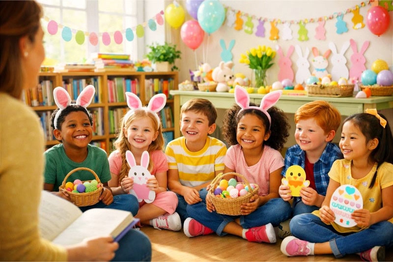 Easter Party Ideas for School That Your Students Will Absolutely Love 12 Children sitting in a decorated classroom listening to an adult reading aloud during an Easter party.