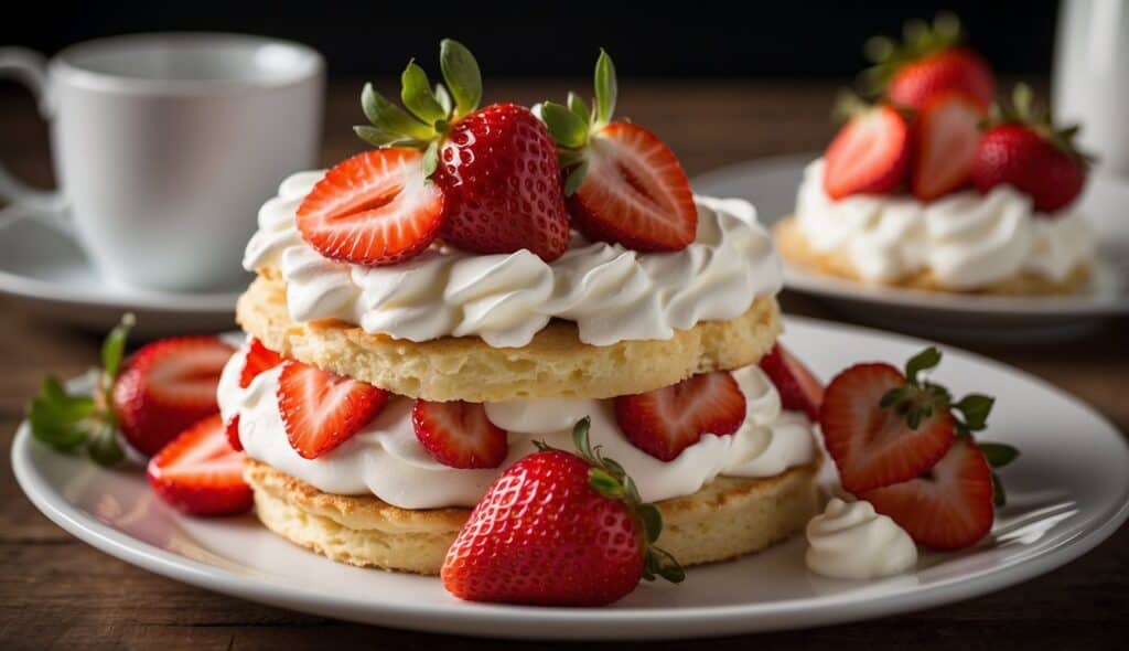 classic strawberry shortcake on plate with layers of tender shortcake biscuits, luscious whipped cream, and sliced strawberries