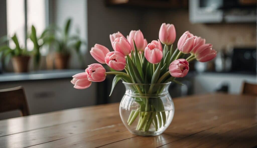  pink tulips in a vase on a wooden table