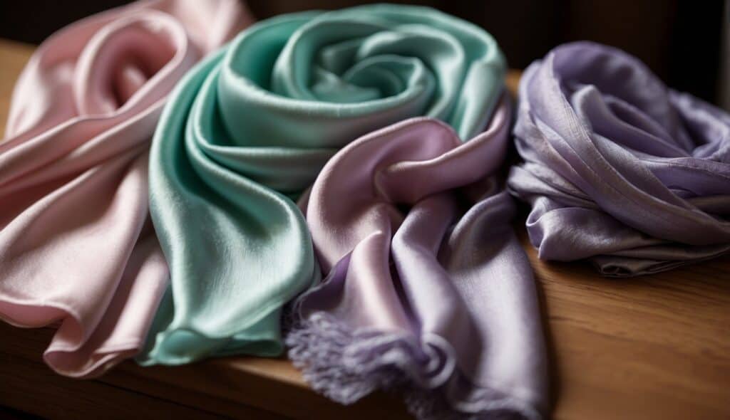 silk scarves in pastel shades mint green, dusky pink and lavender on a wooden table.