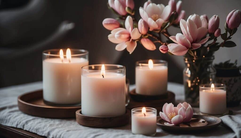 spa at home with candles, pink magnolia flowers, fresh and vibrant spring aesthetic