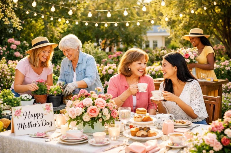 Women enjoying a garden party with flowers and tea outdoors on a sunny day.