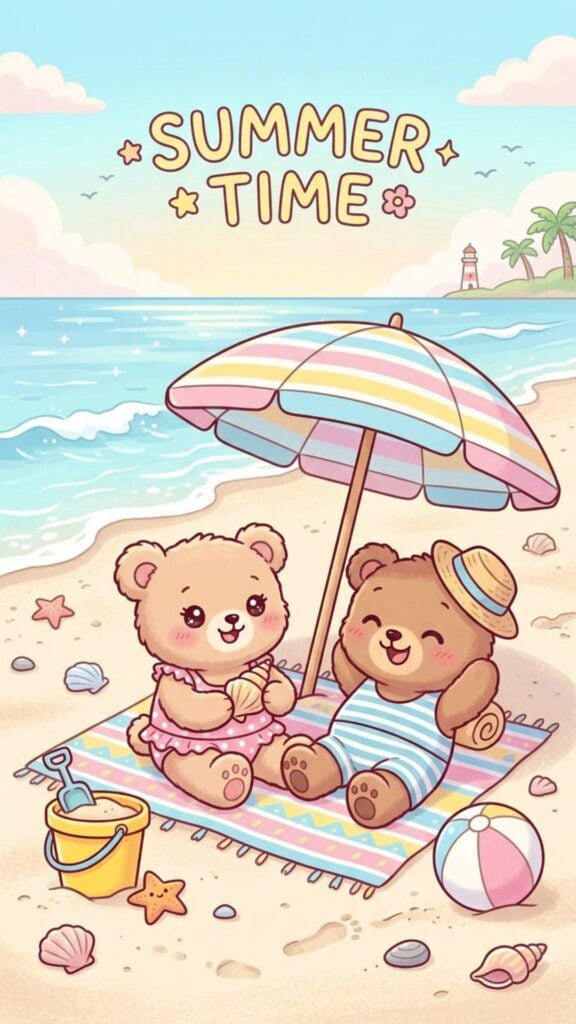 Two cute teddy bears in swimsuits sitting under a beach umbrella on the sand with seashells and centered Summer Time text.