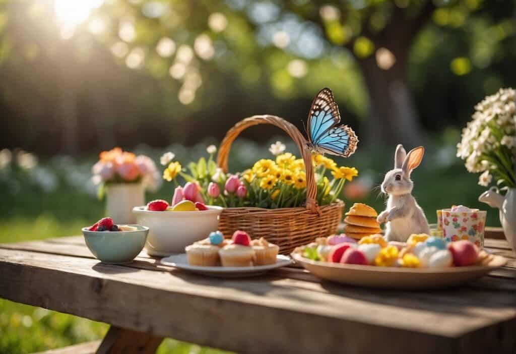 A colorful garden with blooming flowers, butterflies, and bunnies. A picnic table adorned with spring-themed decorations and a variety of delicious treats. Children playing games and enjoying the sunny weather