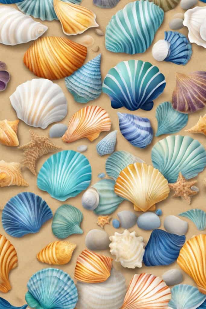 A vibrant seashell collage arranged on sandy beach