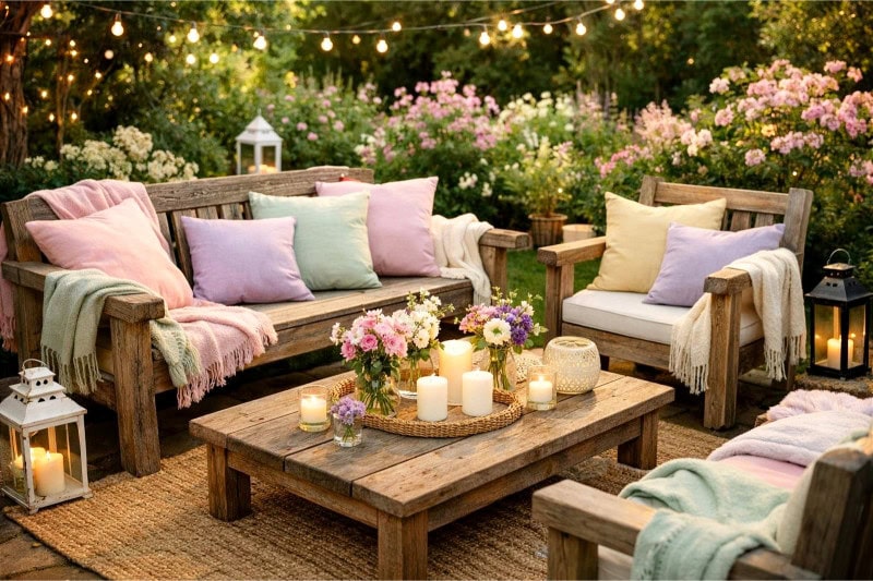An outdoor seating area with pastel cushions and throw blankets surrounded by garden plants and flowers.