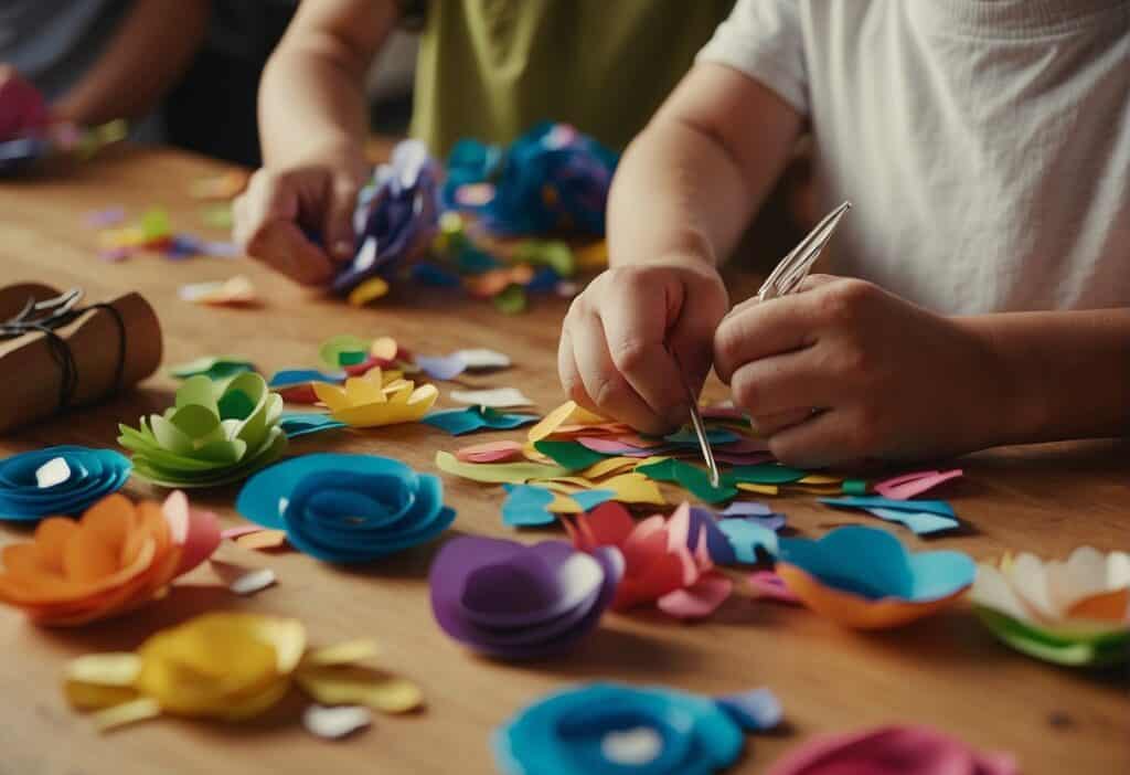 Children crafting with recycled materials for Father's Day. Glue, scissors, and colorful paper scattered on a table. Finished creations displayed proudly