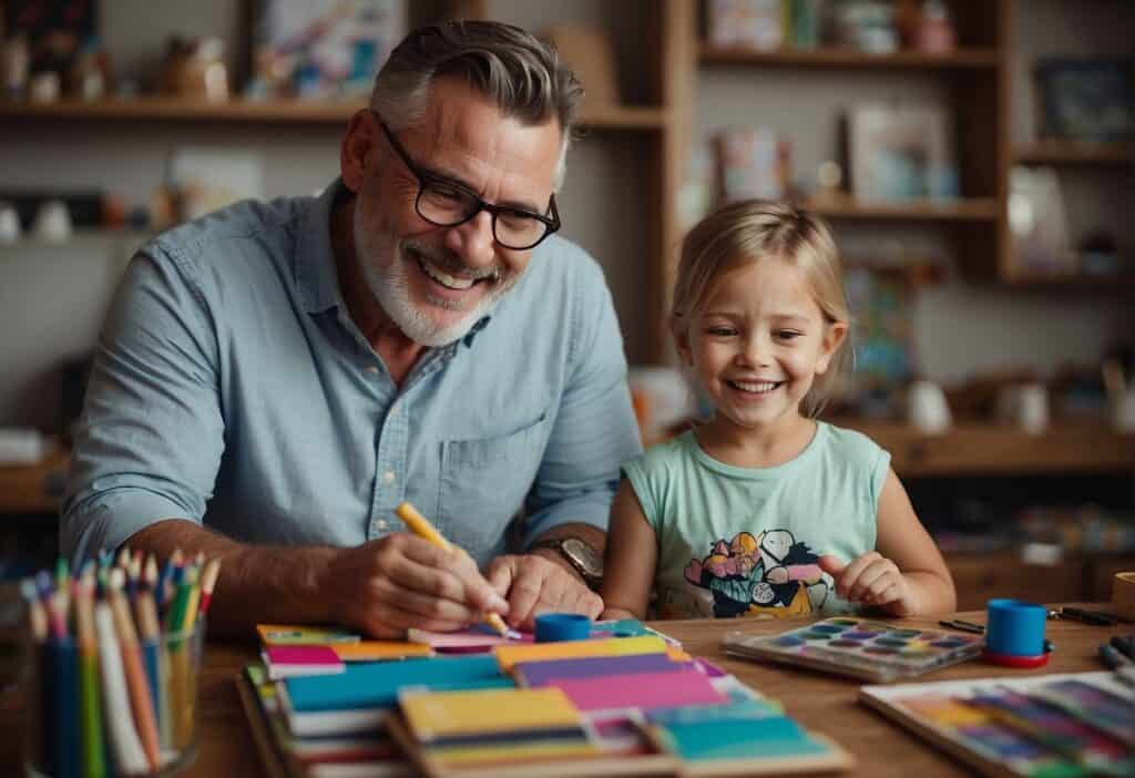 A child and their father sit at a table covered in art supplies, creating handmade cards and gifts for Father's Day.