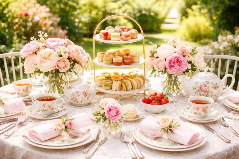 A beautifully set outdoor tea party table with floral teacups, tiered trays of sandwiches and pastries, fresh spring flowers, and lace tablecloths in a garden.