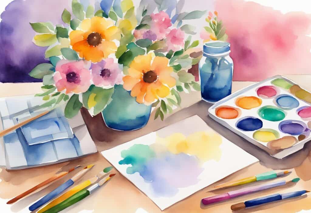 A table set with colorful art supplies, a handmade card, and a bouquet of flowers. 