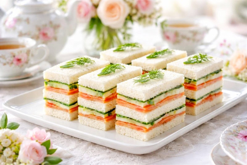 A platter of cucumber and smoked salmon finger sandwiches on a tea party table with teacups and floral decorations.
