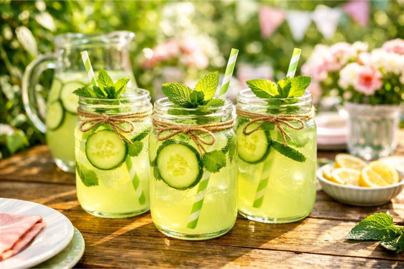 Mason jars filled with cucumber mint lemonade on a wooden table in a garden setting with green plants and sunlight.