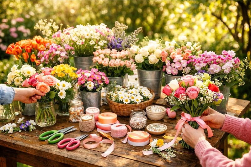 Guests creating their own flower bouquets at a floral DIY flower bar set up outdoors in a garden.