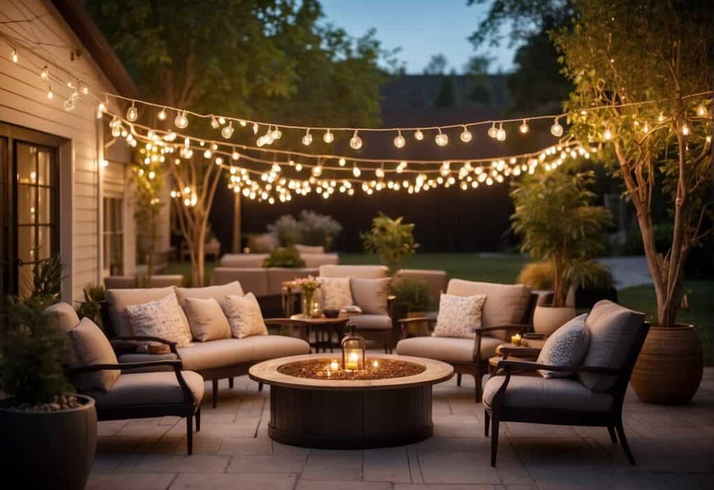 spacious outdoor setting with soft lighting, surrounded by cozy seating and vibrant decorations.