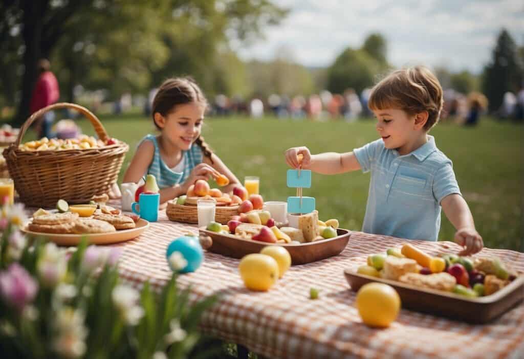 Children playing outdoor games, colorful decorations, picnic blankets, and a table spread with spring-themed snacks and treats