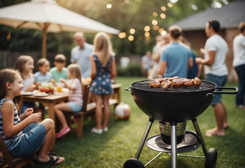 A backyard barbecue with a grill sizzling with food, kids playing games, and families gathered around tables laughing and enjoying the festivities