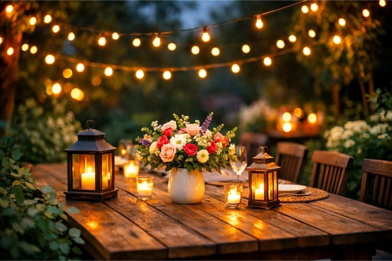 An outdoor garden party setup at dusk with fairy lights and lanterns illuminating a decorated table surrounded by greenery and flowers.