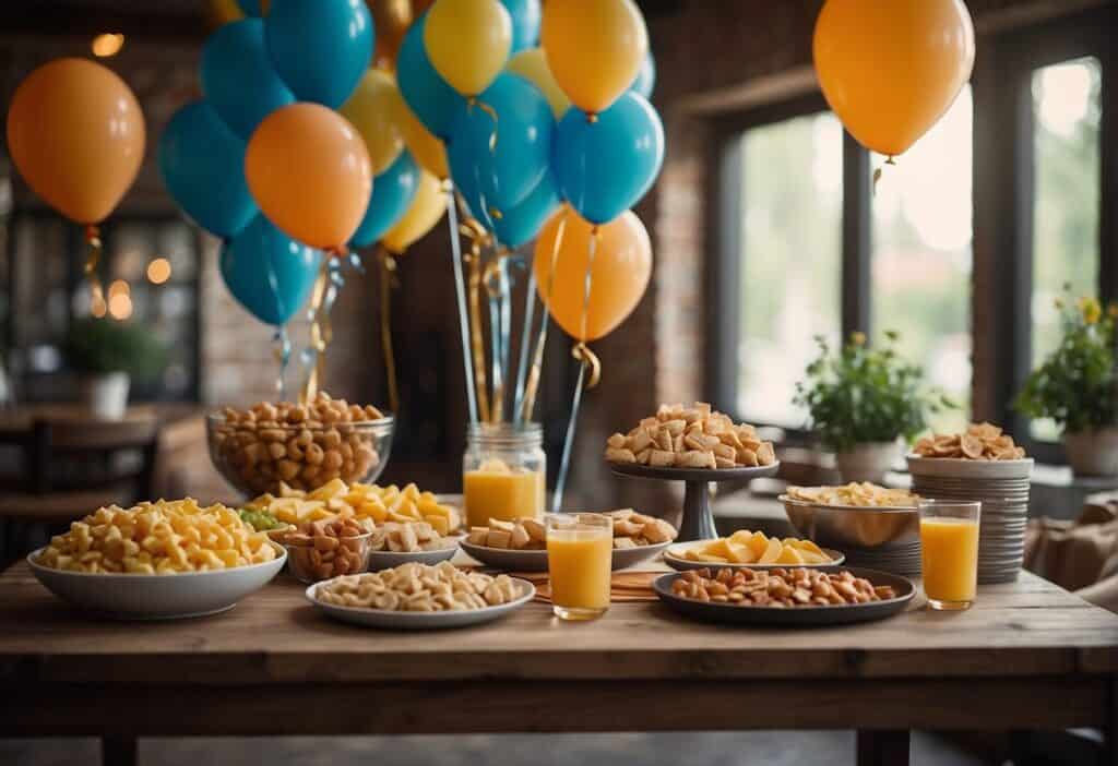 A table with decorations, snacks, and drinks. Father's Day Balloons and streamers add to the festive atmosphere