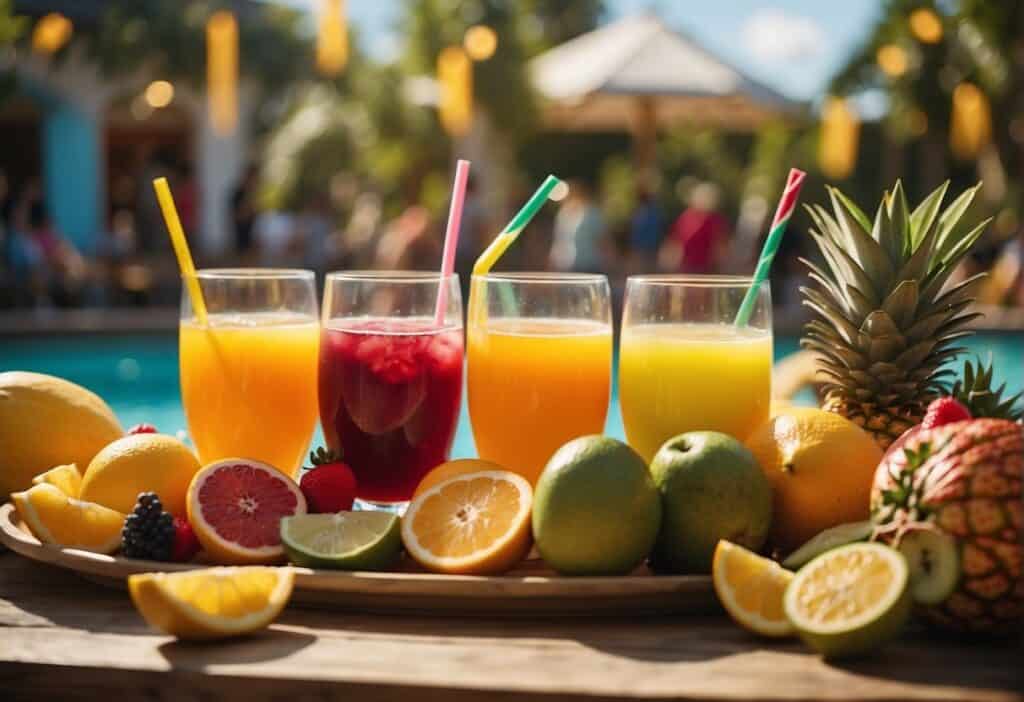A table filled with colorful tropical fruits, refreshing drinks, and festive summer-themed snacks, in a warm, sunny atmosphere