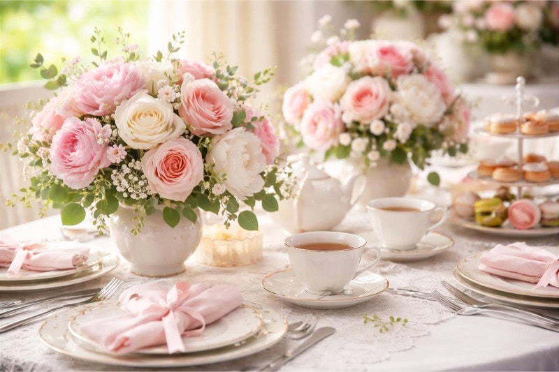 A table set for a Mother's Day tea party with fresh rose and peony flower centerpieces, teacups, plates, and silverware.