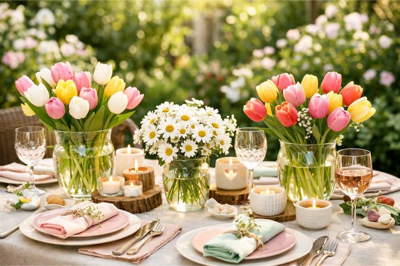 An outdoor garden table decorated with fresh tulips and daisies in vases, set for a celebration surrounded by greenery.