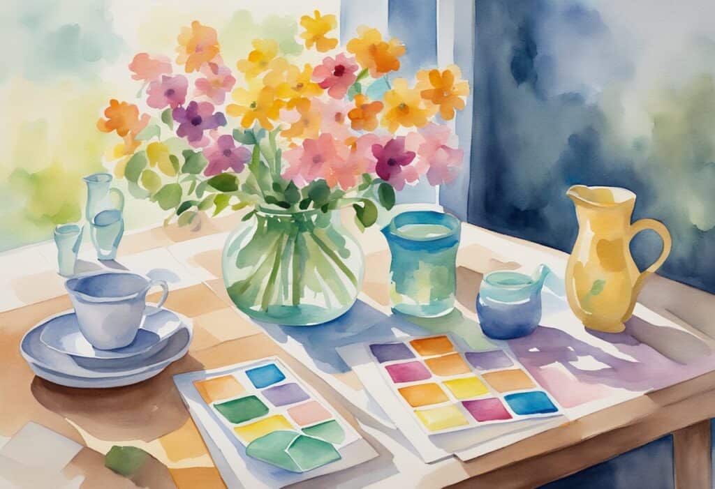 A table set with board games, jigsaw puzzles, and colorful crafts. A vase of flowers and a card for Mom sit nearby