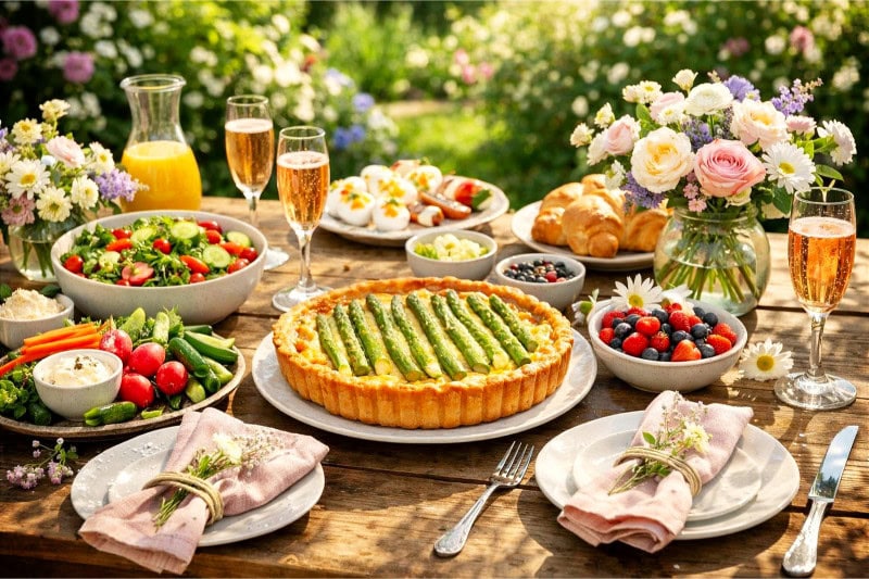 Outdoor garden brunch table with asparagus quiche, fresh vegetables, flowers, and glassware set among green plants and blooming flowers.