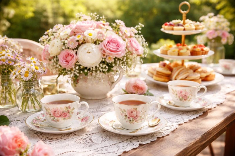 A garden table set with vintage teacups and saucers surrounded by flowers and tea party treats.