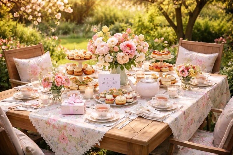 A beautifully decorated outdoor table set for a Mother's Day tea party with flowers, teacups, pastries, and elegant tableware in a garden.