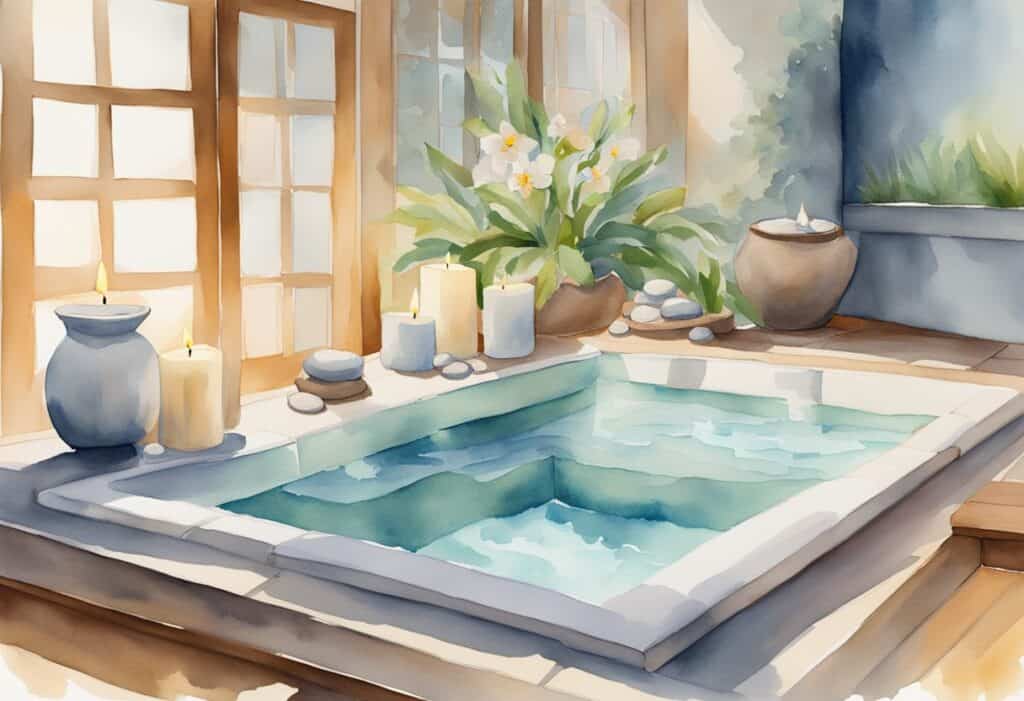 A serene spa scene with a bubbling hot tub, plush robes, and aromatic candles, creating the perfect setting for indulgent relaxation experiences