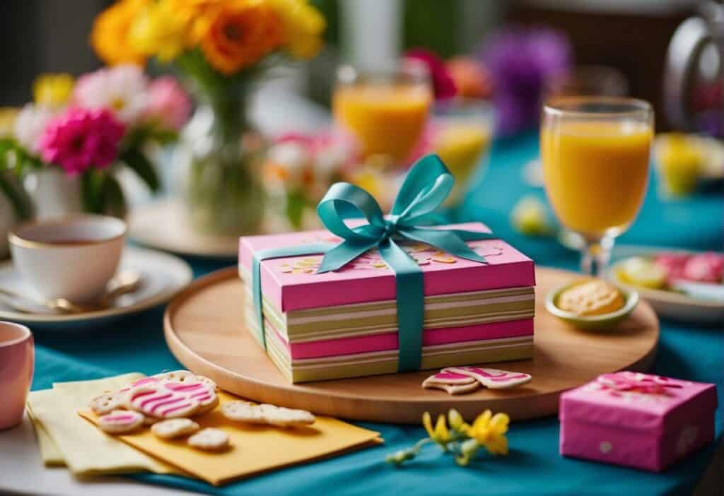 Colorful invitations scattered on a table, surrounded by vibrant spring decorations. A table set with themed snacks and crafts for kids, ready for a lively party