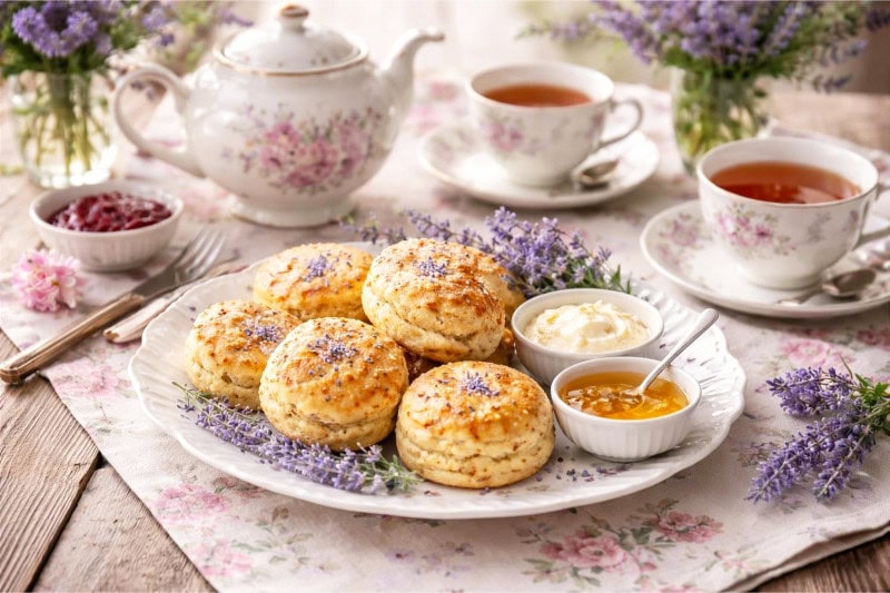 A table set with lavender-infused scones, clotted cream, a teapot, and teacups arranged for a tea party.