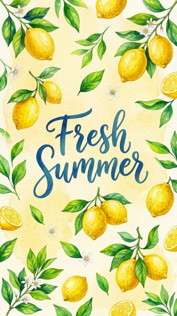Watercolor lemons and green leaves scattered on a soft yellow textured background with centered Fresh Summer text.