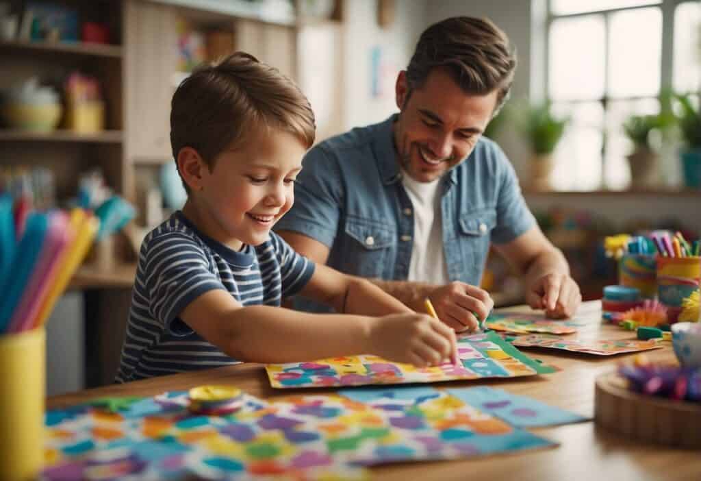 Children happily crafting and decorating Father's Day cards and gifts, surrounded by colorful art supplies and festive decorations