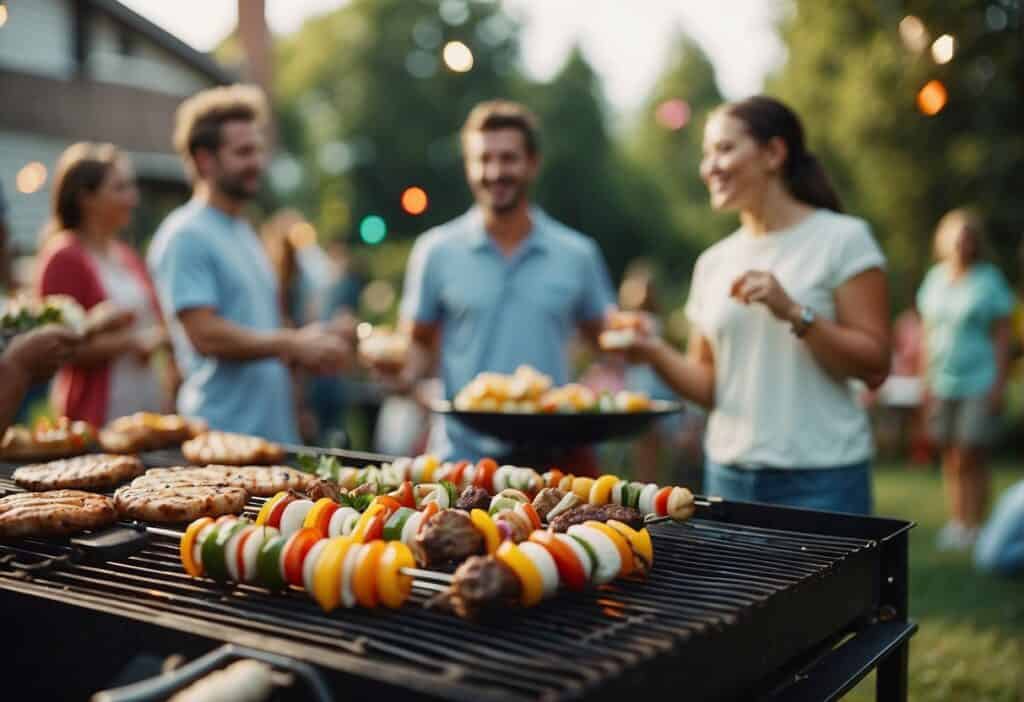 A backyard barbecue with colorful decorations, a grill sizzling with food, and families enjoying games and activities together