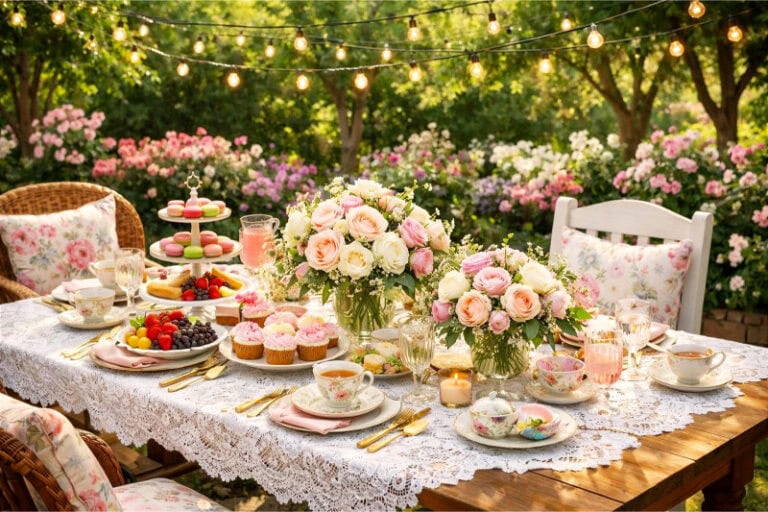 An outdoor garden party table set with flowers, teacups, desserts, and fruit under soft sunlight surrounded by blooming flowers.