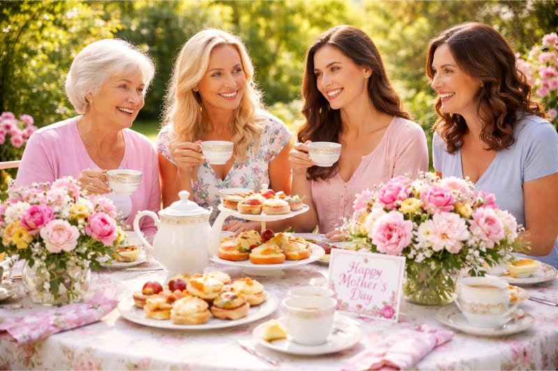 Women enjoying a tea party outdoors at a table set with teacups, pastries, and flowers in a garden.