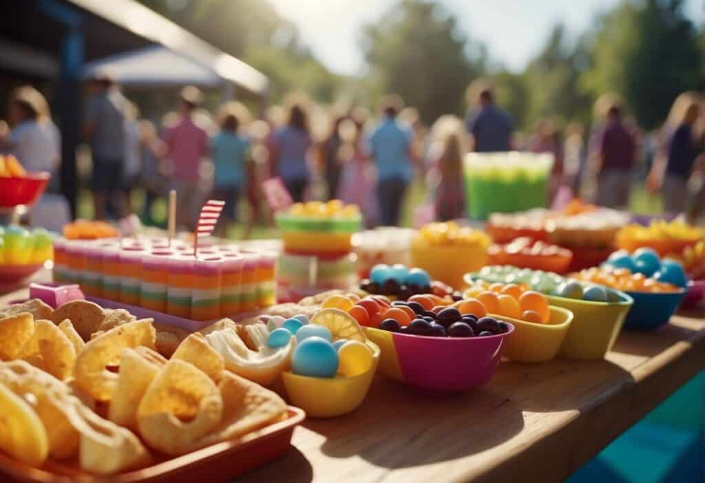 A colorful stage with musical instruments, a dance floor, and children enjoying themed snacks and games at a spring party