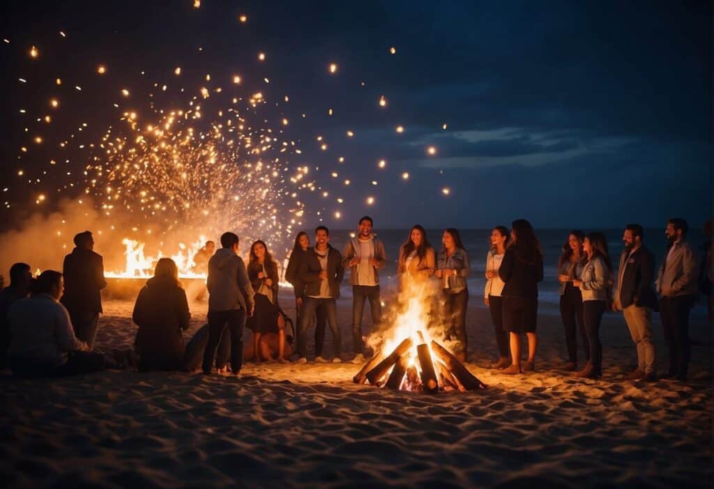 A bonfire blazes on the beach as people gather around, laughing and dancing.