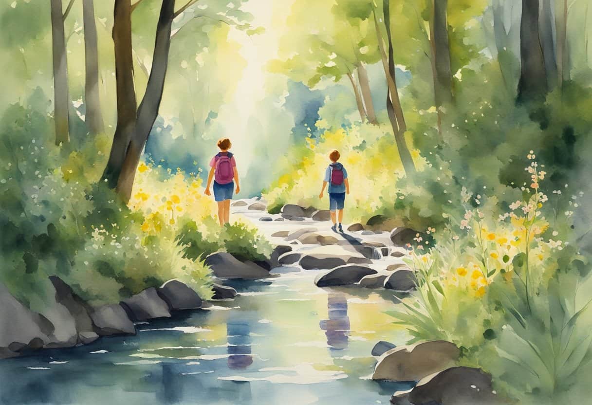 A mother and child hike through a lush forest, crossing a bubbling stream and admiring wildflowers. The sun shines through the trees, casting dappled light on the peaceful scene