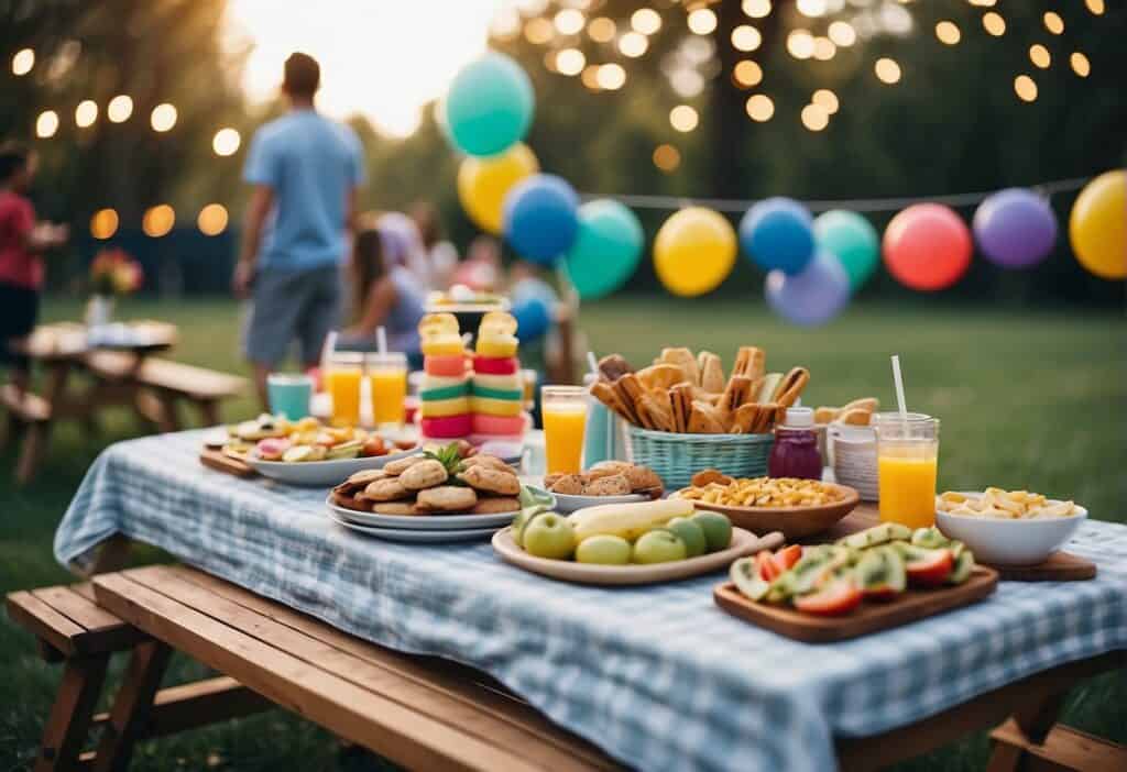 A colorful outdoor party setup with themed decorations, picnic blankets, and a variety of kid-friendly food and activities