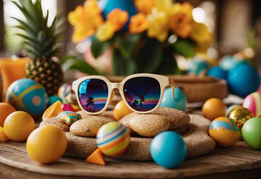 Colorful party favors and souvenirs spread out on a table, including sunglasses, miniature beach balls, and tropical-themed trinkets. The backdrop features a vibrant summer solstice party