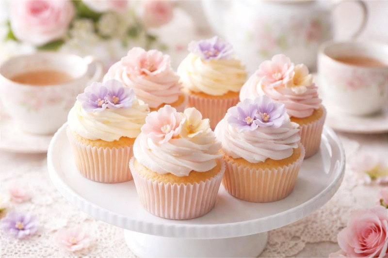 A close-up of pastel-colored cupcakes topped with edible flowers on a cake stand, set on a table with teacups and a lace tablecloth.