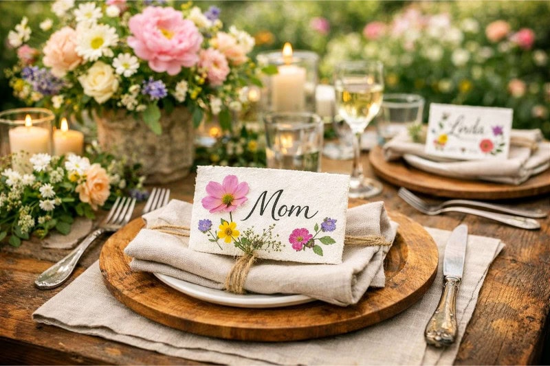 A garden party table outdoors with personalized name cards made from pressed flowers and floral decorations.