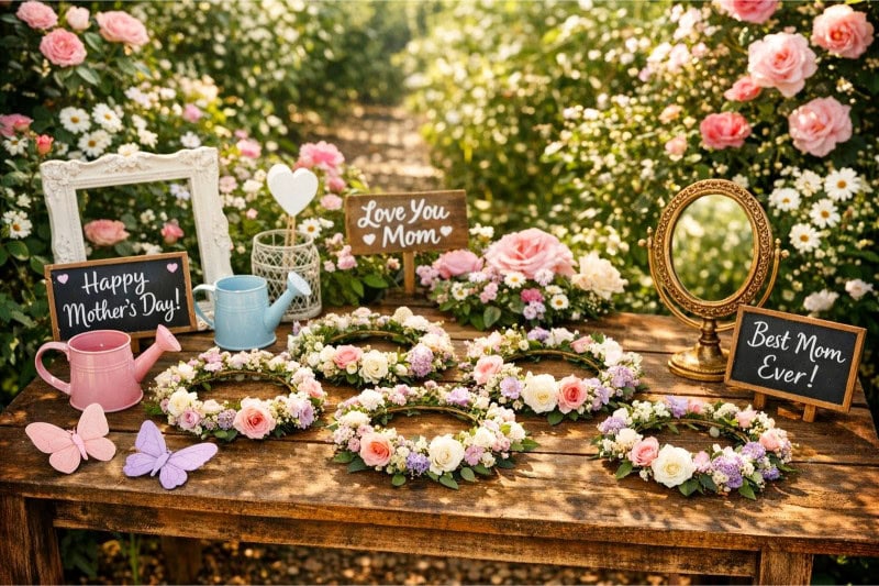 An outdoor photo booth with floral crowns and garden-themed props displayed on a wooden table surrounded by flowers and greenery.