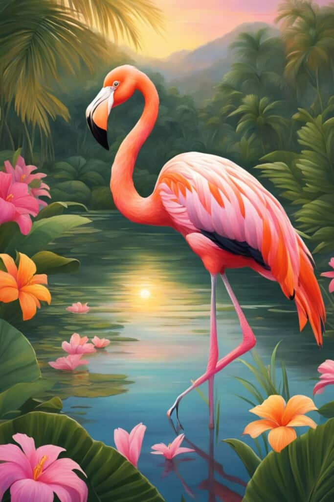 A pink flamingo stands gracefully in a serene, tropical wetland, surrounded by lush greenery and vibrant flowers. The sun sets in the background, casting a warm, golden glow over the scene